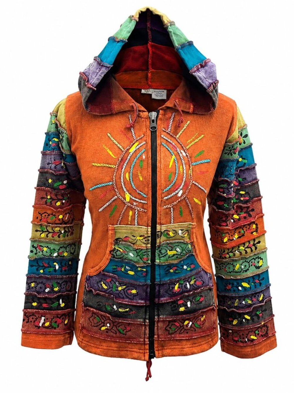 Women's Full Sleeve Gothic Sun Patchwork Faded Pixie Cotton Hippy Rib Hoodie